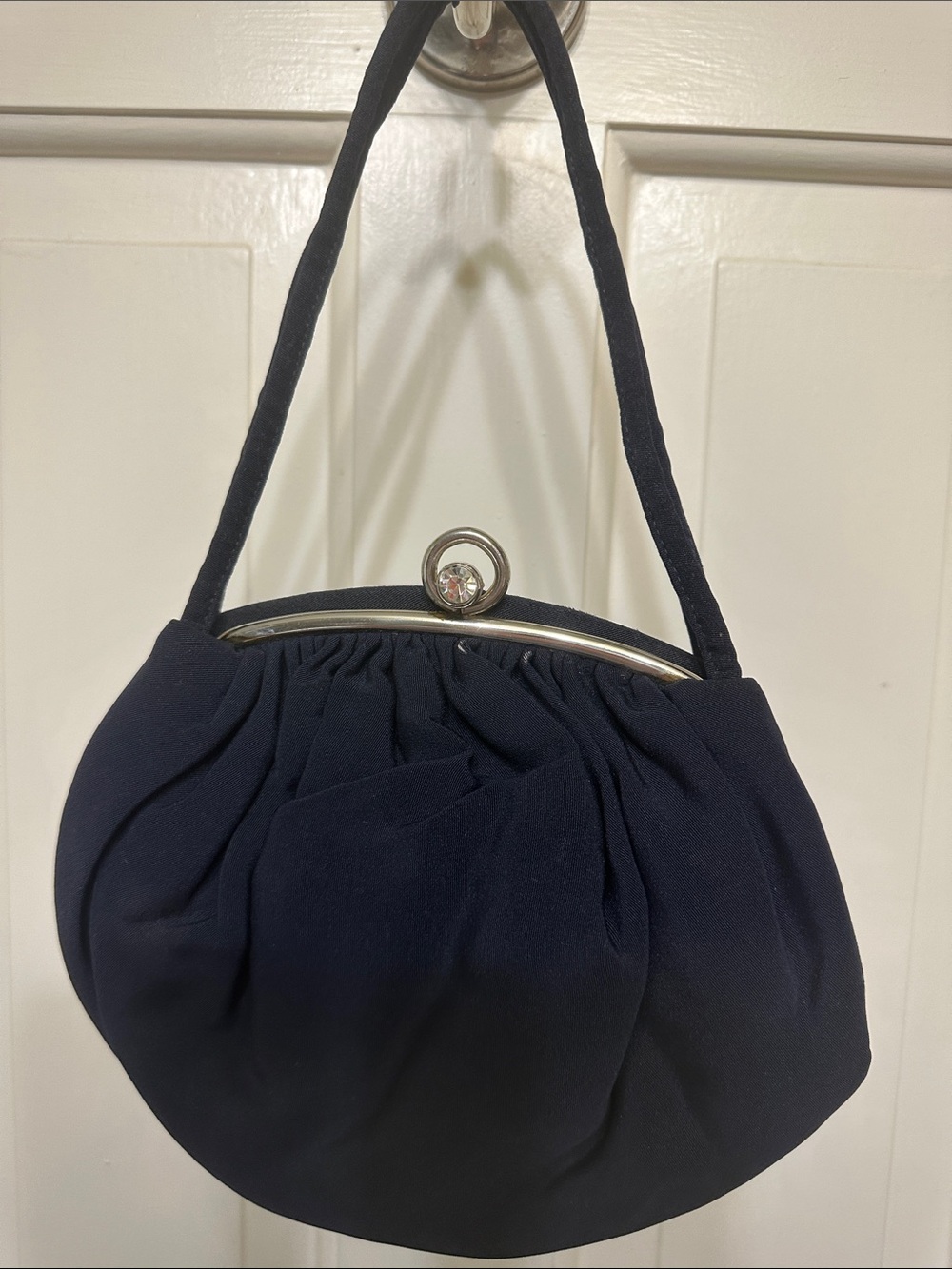 Elegant vintage Navy Evening Handbag with Silver Frame and Rhinestone closure
